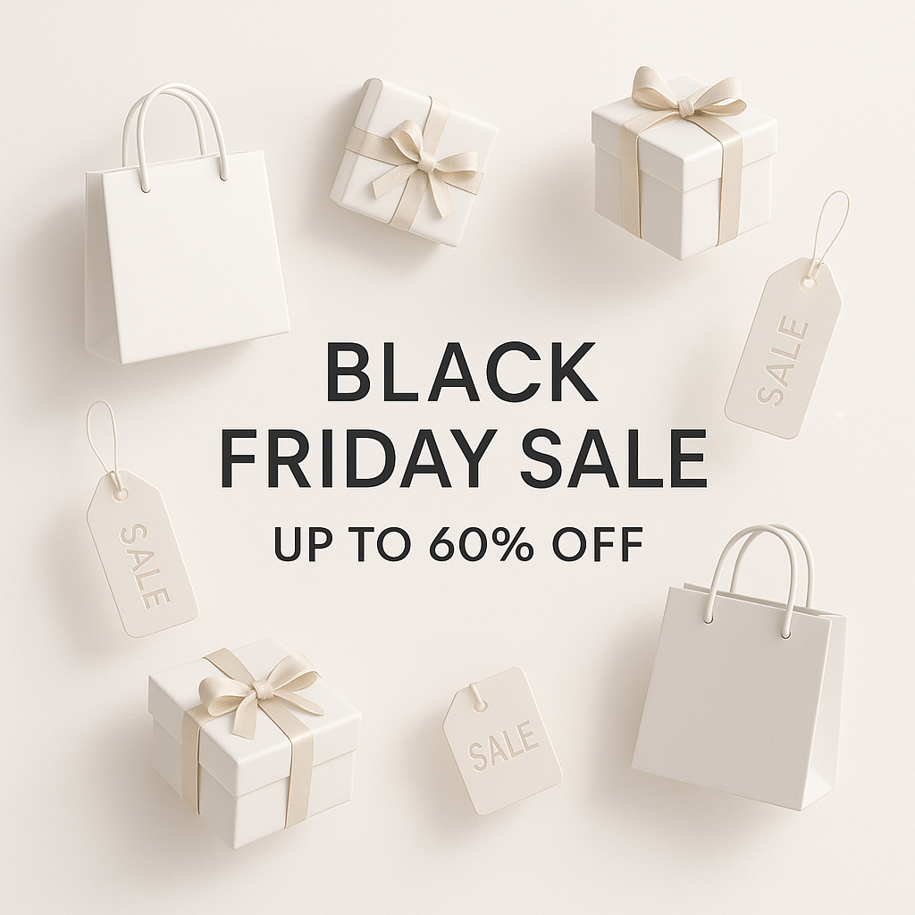 Black Friday promotional image featuring white gift boxes and bags with sale tags and up to 60% off.