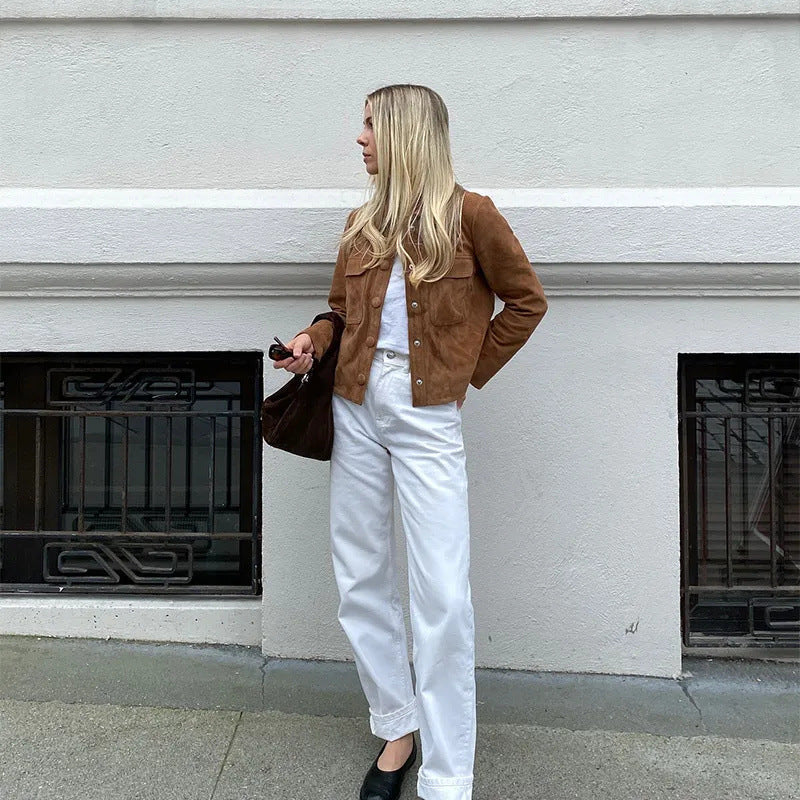 Lapel Single Breasted Vintage Long Sleeve Suede Jacket