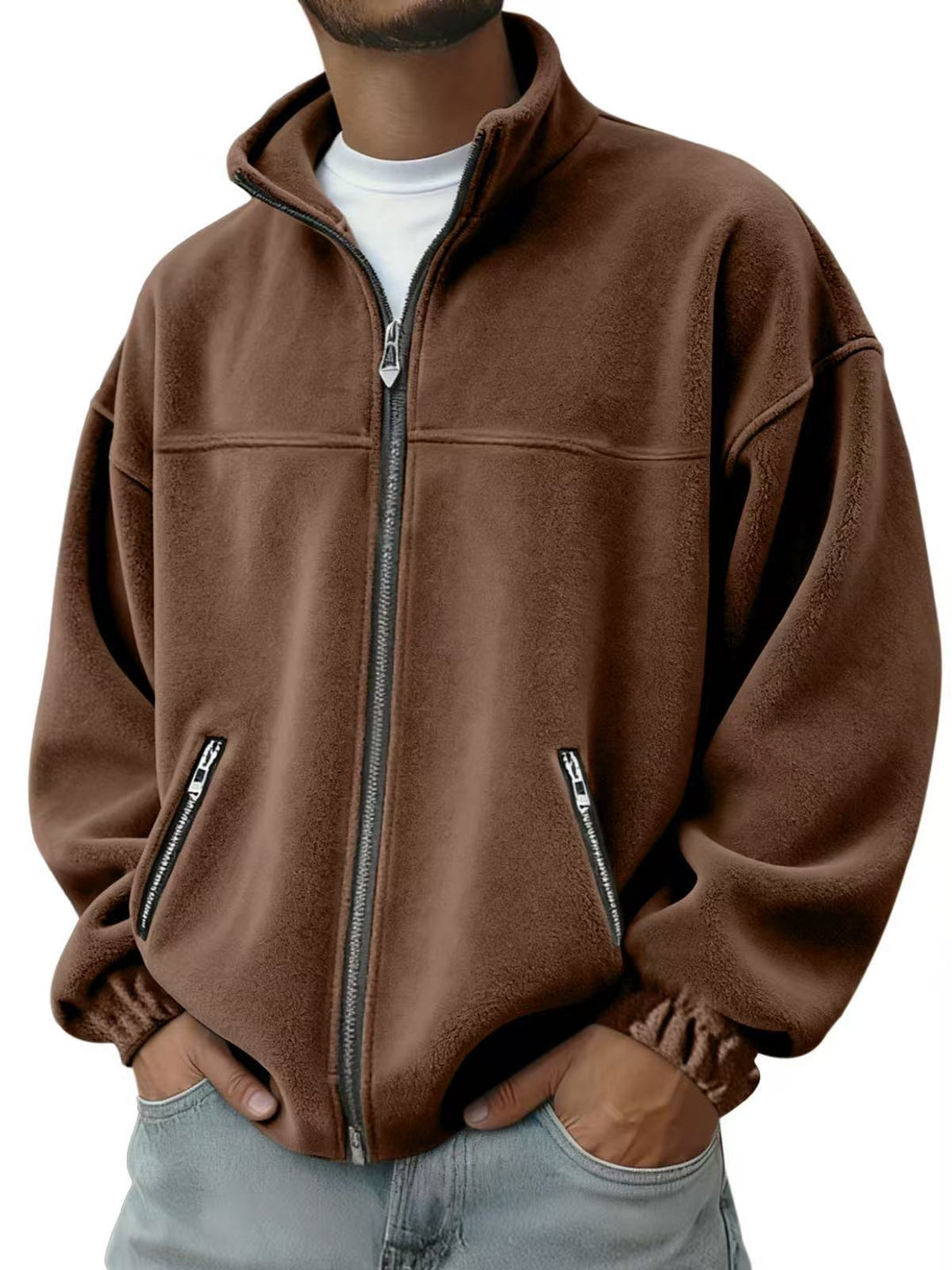 Fleece Stand-up Collar Zip-up Hoodie Casual Jacket
