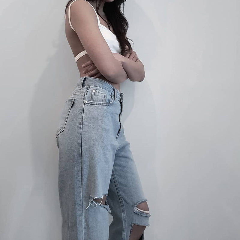 Women's Ripped High-Rise Wide-Leg Jeans