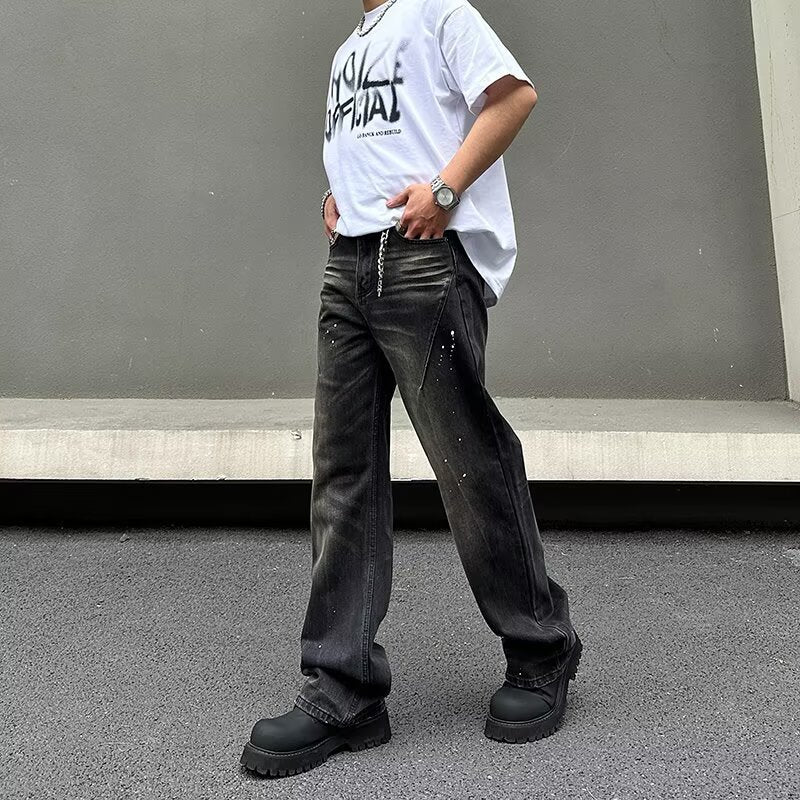 New American-style Retro High-street Black Tie-dye Straight-leg Jeans