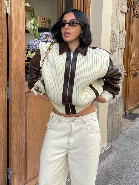 Fashionable Chic Knit-and-leather Patchwork Jacket