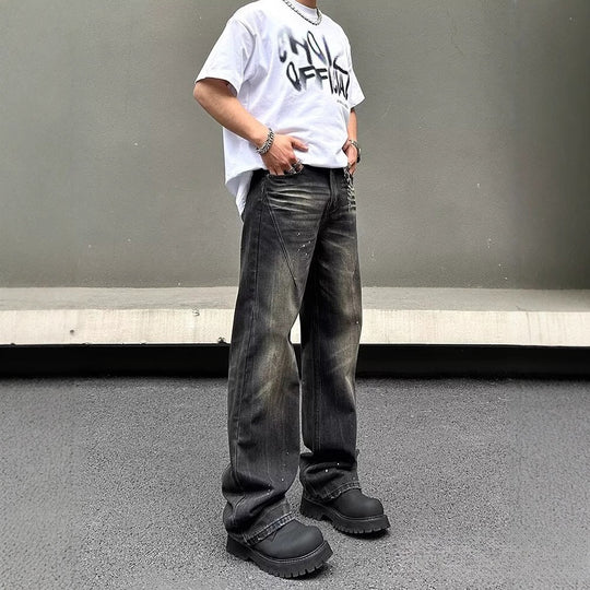 New American-style Retro High-street Black Tie-dye Straight-leg Jeans