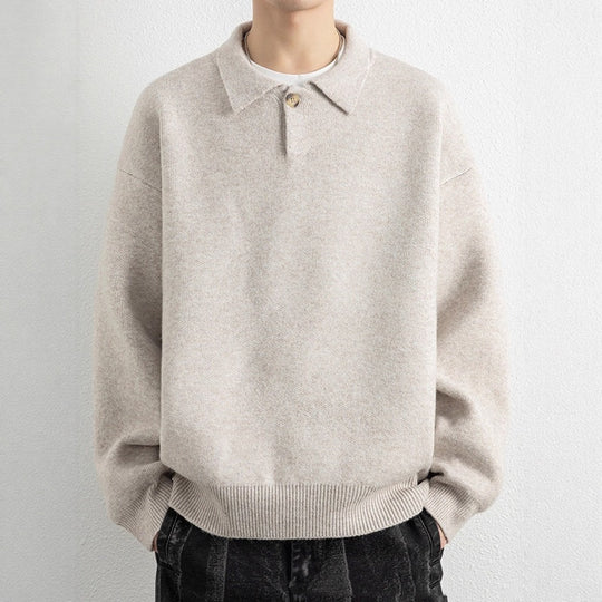 Retro Polo-collar Relaxed-fit Laid-back Single-button Sweater