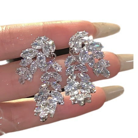 Fully Diamond-studded Leaf Earrings