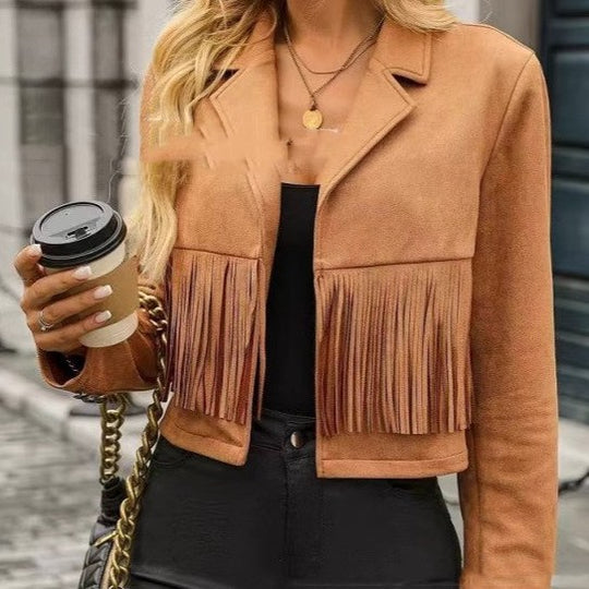 Long Sleeve Locomotive Style Suede Short Tassel Coat