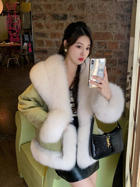 Suede Stitching Fox Fur Collar