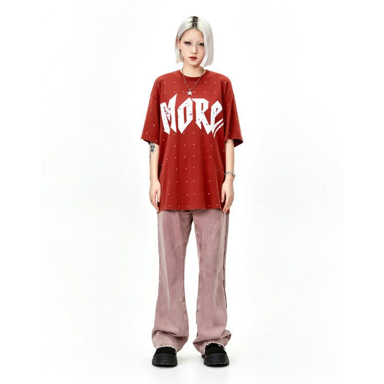 Street Rhinestone Letter Print, Round Neck Casual Short Sleeve T-shirt