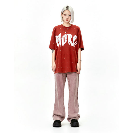 Street Rhinestone Letter Print, Round Neck Casual Short Sleeve T-shirt