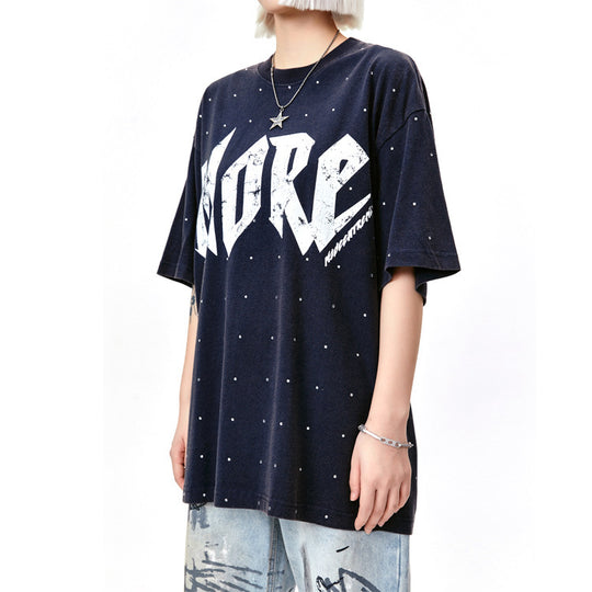 Street Rhinestone Letter Print, Round Neck Casual Short Sleeve T-shirt