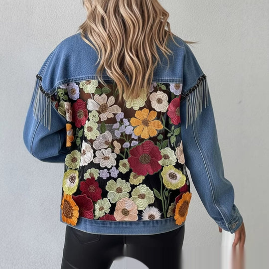 Blue Casual Denim Jacket With Embroidered Floral Lace Panels