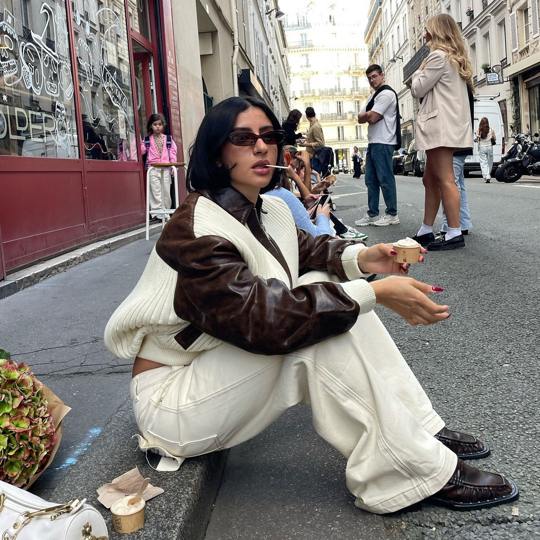 Fashionable Chic Knit-and-leather Patchwork Jacket