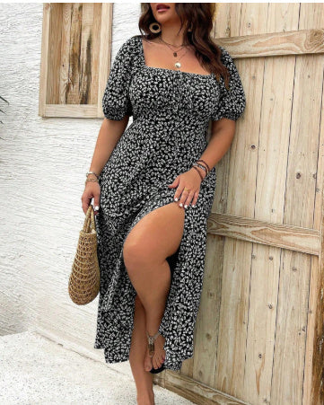 Ditsy floral square collar dress with puff sleeves and side slit, perfect for casual summer outings.