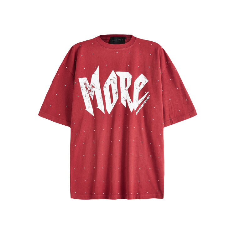 Street Rhinestone Letter Print, Round Neck Casual Short Sleeve T-shirt