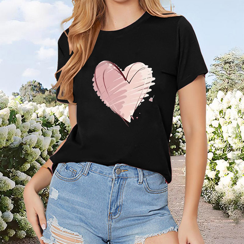 Women's Short Sleeve Crew Neck Tee Heart Print Casual Summer Top