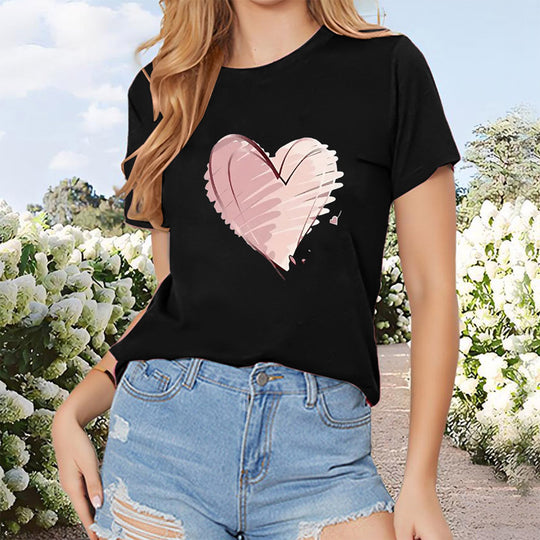 Women's Short Sleeve Crew Neck Tee Heart Print Casual Summer Top