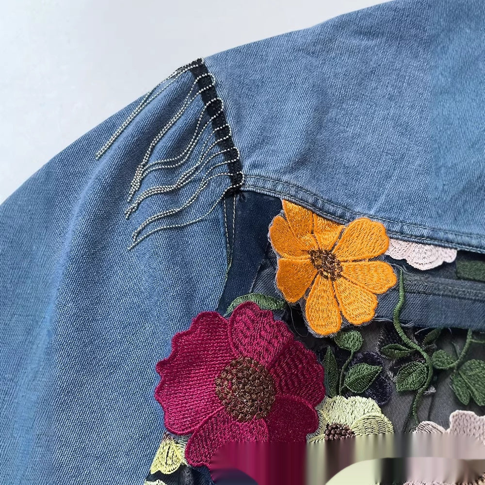Blue Casual Denim Jacket With Embroidered Floral Lace Panels