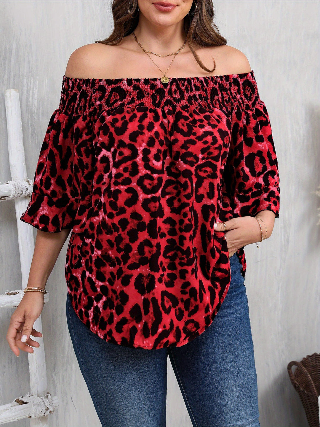 Women's Plus Size Leopard Print Blouse - Elegant Off-Shoulder Ruffle Sleeve Spring Shirt
