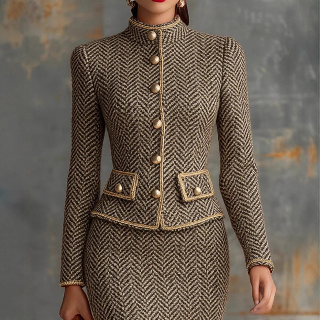 Elegant Herringbone Tweed Trim Skirt Suit For Women
