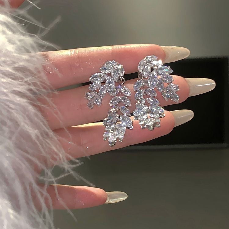 Fully Diamond-studded Leaf Earrings