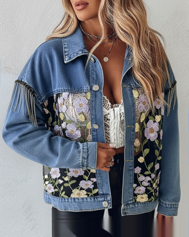 Blue Casual Denim Jacket With Embroidered Floral Lace Panels