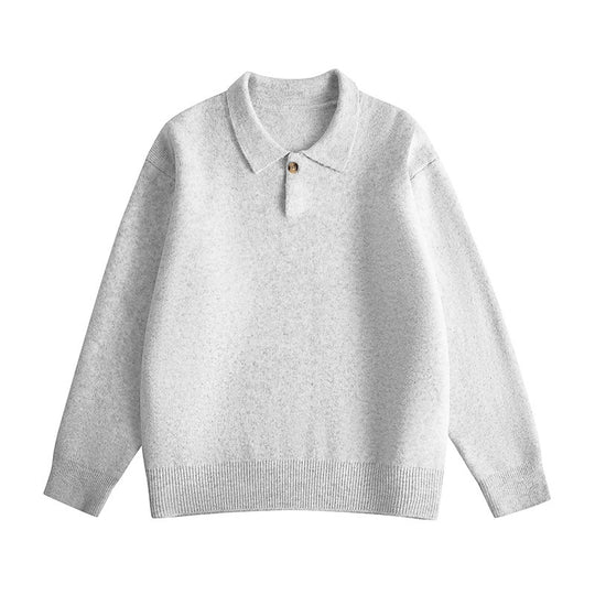 Retro Polo-collar Relaxed-fit Laid-back Single-button Sweater