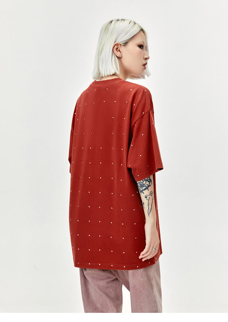 Street Rhinestone Letter Print, Round Neck Casual Short Sleeve T-shirt