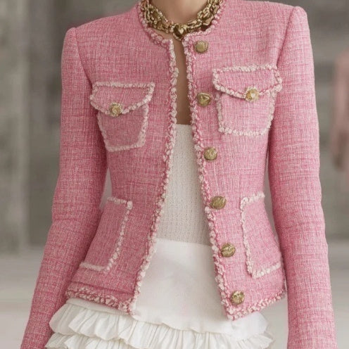 Designer Tweed Patchwork White Trim Button Jacket