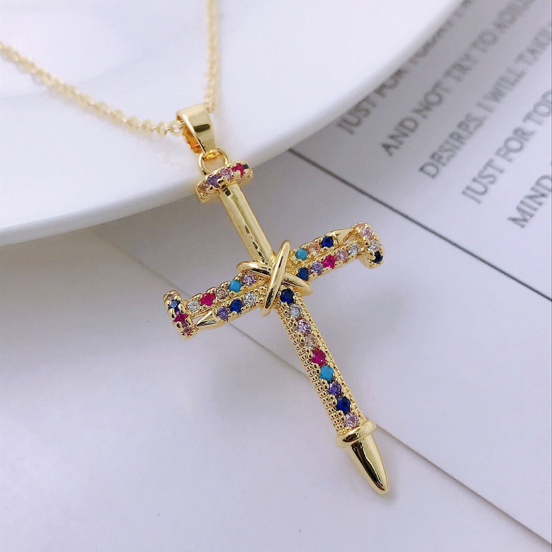 Personality Hip Hop Clavicle Chain Nail Cross Necklace Pendant
