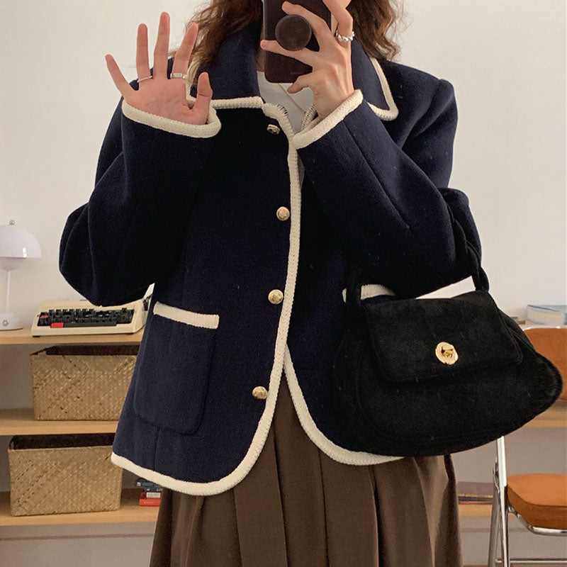 French Lapel Contrast Bezel Trim Chic Loose Jacket