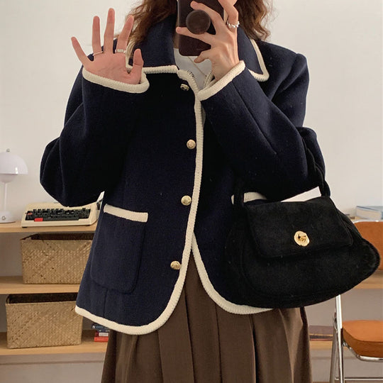 French Lapel Contrast Bezel Trim Chic Loose Jacket