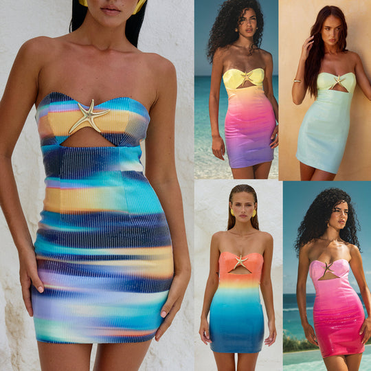 Sequined Printed Chest-wrapped Dress Women's Clothing