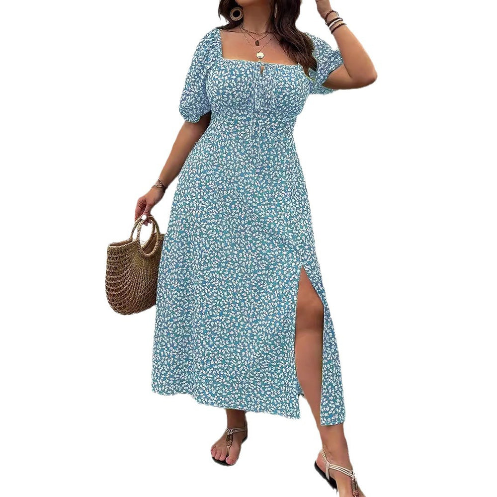 Sky blue floral A-line dress with square collar and puff sleeves, featuring a side slit.
