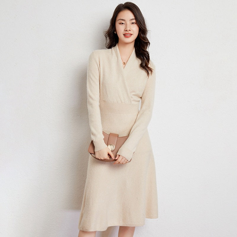 Mid-collar Long Slim Cross Over-the-knee V Cashmere Dress