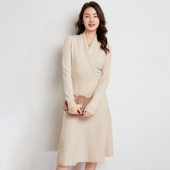 Mid-collar Long Slim Cross Over-the-knee V Cashmere Dress