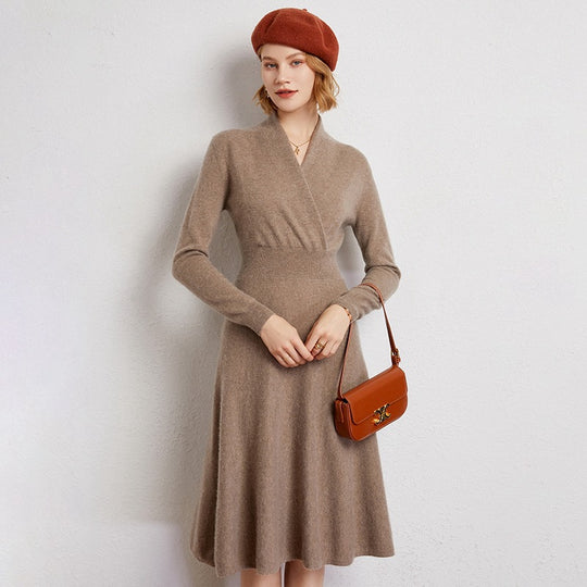 Mid-collar Long Slim Cross Over-the-knee V Cashmere Dress
