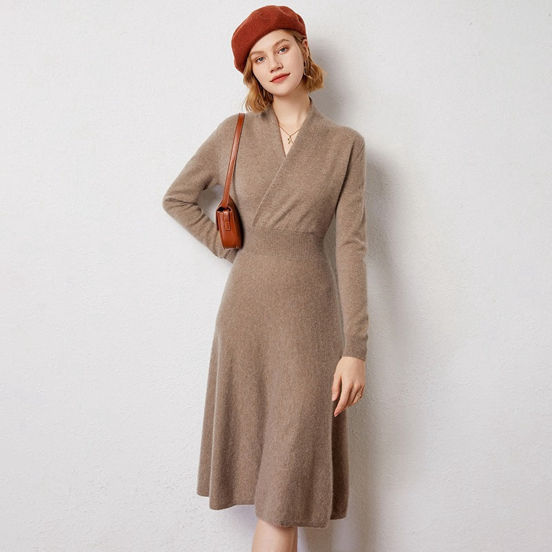 Mid-collar Long Slim Cross Over-the-knee V Cashmere Dress