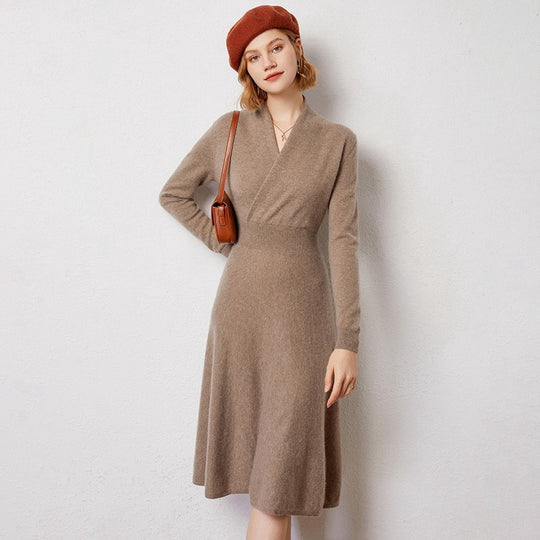 Mid-collar Long Slim Cross Over-the-knee V Cashmere Dress