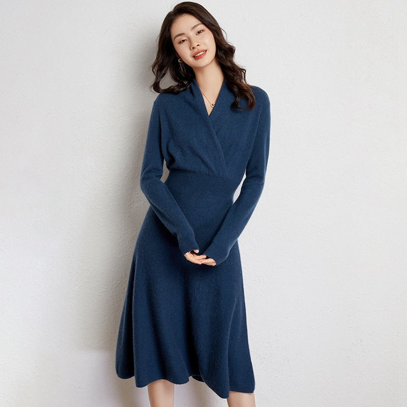 Mid-collar Long Slim Cross Over-the-knee V Cashmere Dress