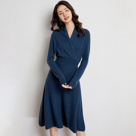 Mid-collar Long Slim Cross Over-the-knee V Cashmere Dress