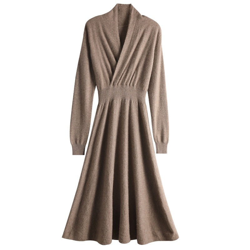 Mid-collar Long Slim Cross Over-the-knee V Cashmere Dress