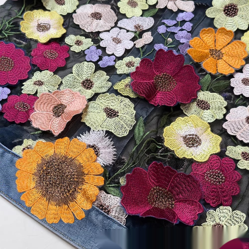 Blue Casual Denim Jacket With Embroidered Floral Lace Panels