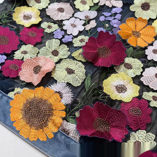 Blue Casual Denim Jacket With Embroidered Floral Lace Panels