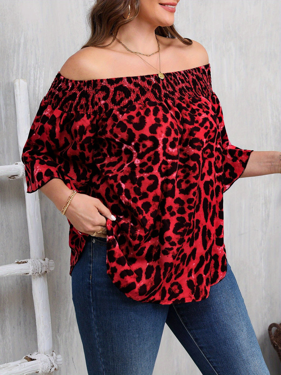 Women's Plus Size Leopard Print Blouse - Elegant Off-Shoulder Ruffle Sleeve Spring Shirt