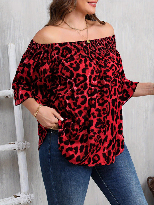 Women's Plus Size Leopard Print Blouse - Elegant Off-Shoulder Ruffle Sleeve Spring Shirt