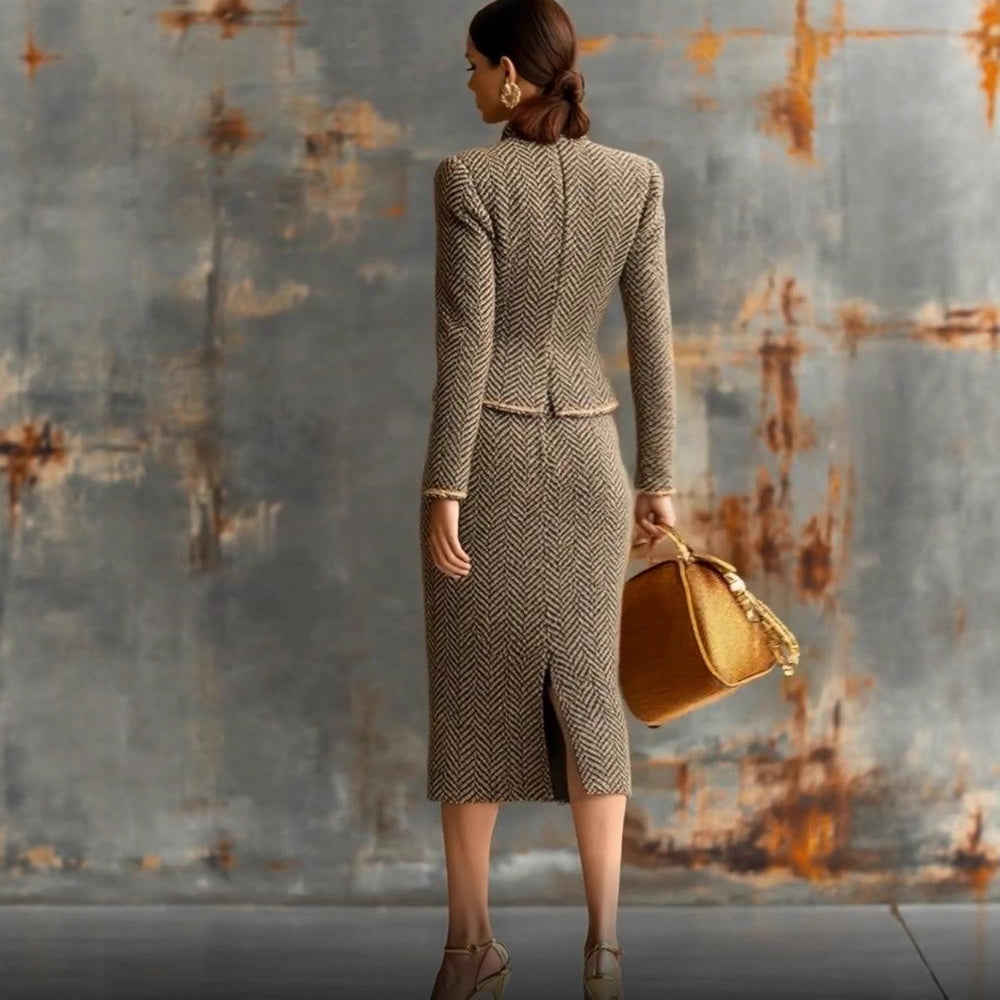 Elegant Herringbone Tweed Trim Skirt Suit For Women