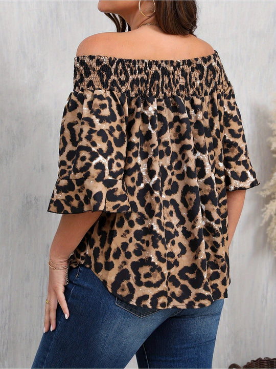 Women's Plus Size Leopard Print Blouse - Elegant Off-Shoulder Ruffle Sleeve Spring Shirt