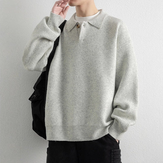 Retro Polo-collar Relaxed-fit Laid-back Single-button Sweater