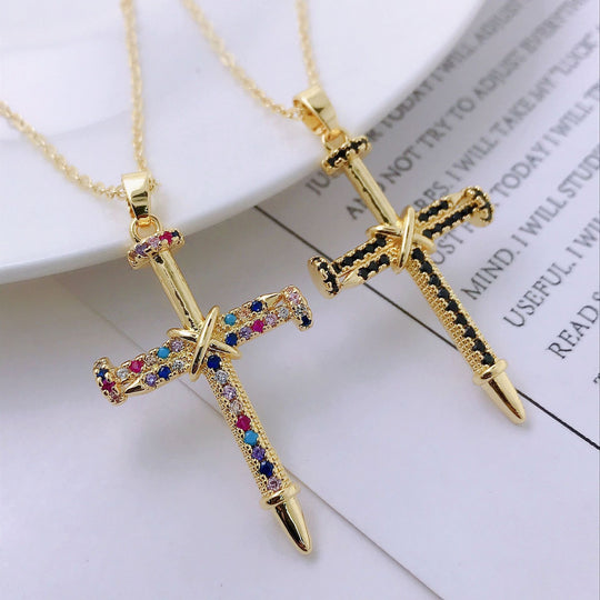Personality Hip Hop Clavicle Chain Nail Cross Necklace Pendant