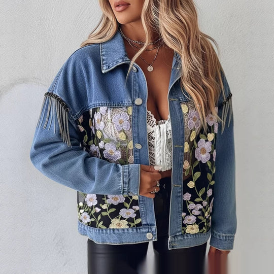 Blue Casual Denim Jacket With Embroidered Floral Lace Panels